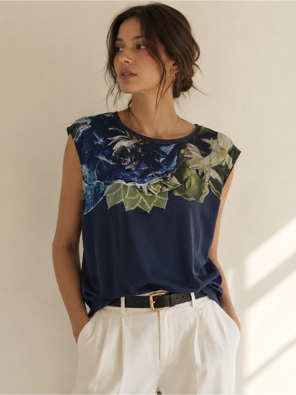 Marc Cain Silk Floral Print Cap Sleeve Top | Navy Blue